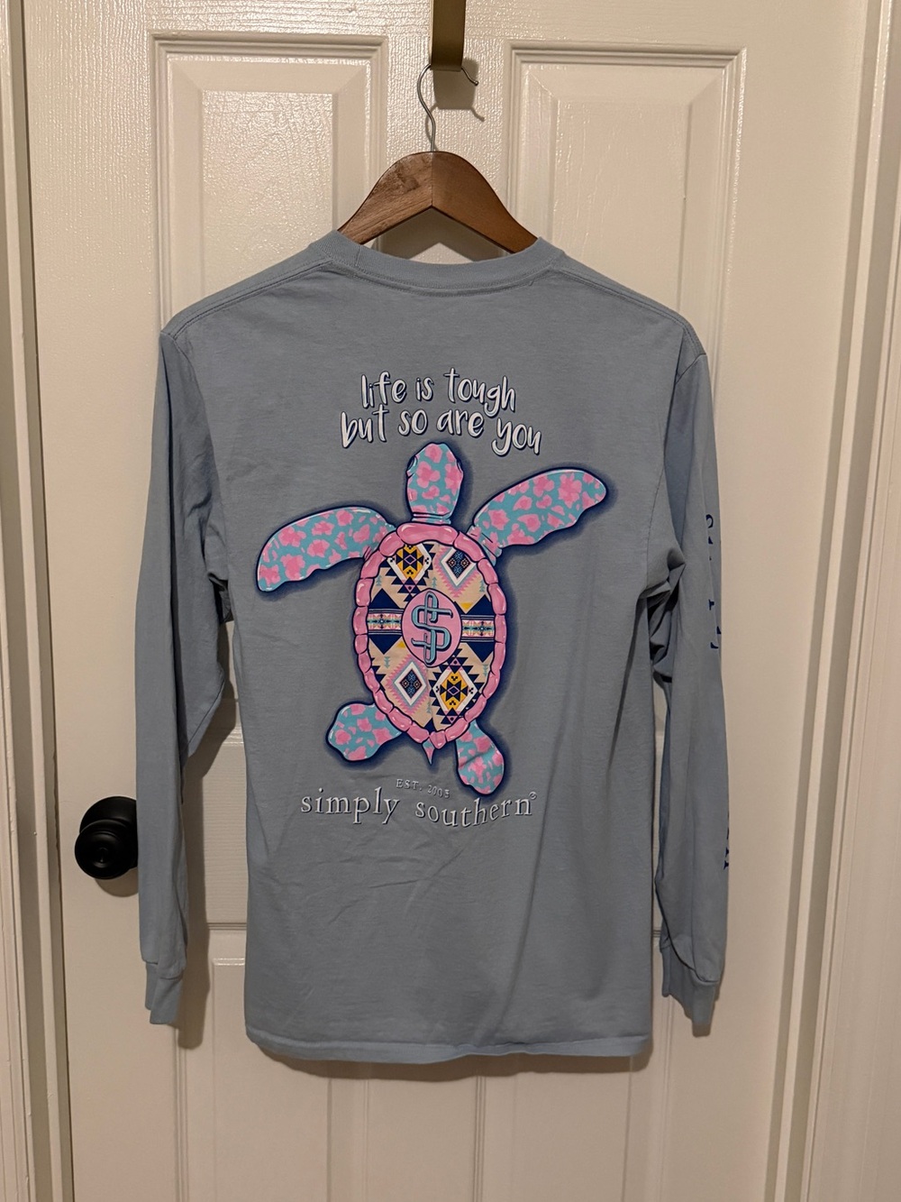 Simply Southern Light Blue Long-Sleeve Tee with Pink & Blue Turtle Graphic